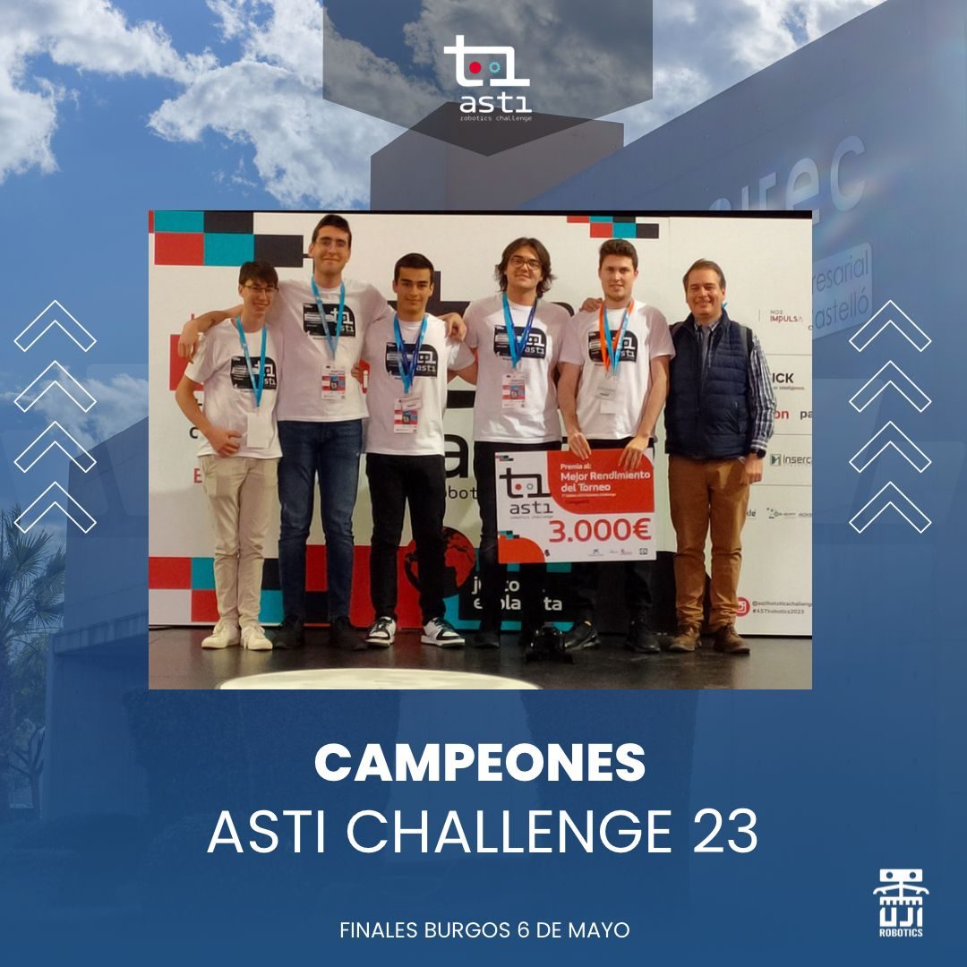 Equipo de UJI Robotics Team celebrando el primer puesto en ASTI Robotics Challenge 2023 en Burgos